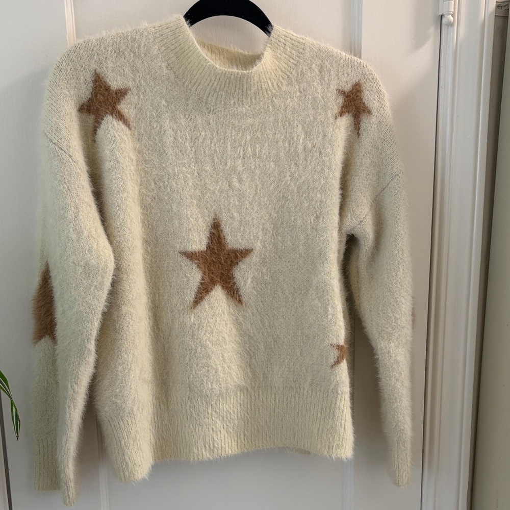 Fluffy Cream Sweater with Brown Stars